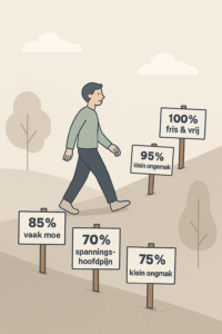 Illustratie van een man die langs bordjes wandelt met percentages van lichamelijk functioneren, van 100% fris naar 60% met vage klachten