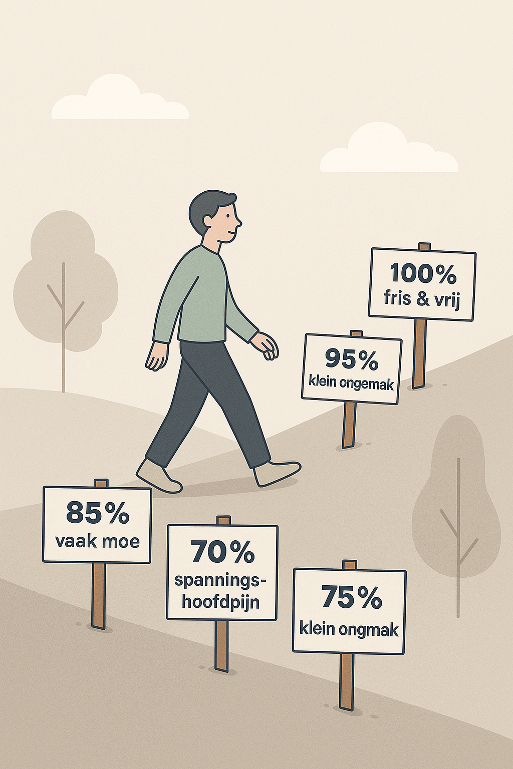 Illustratie van een man die langs bordjes wandelt met percentages van lichamelijk functioneren, van 100% fris naar 60% met vage klachten